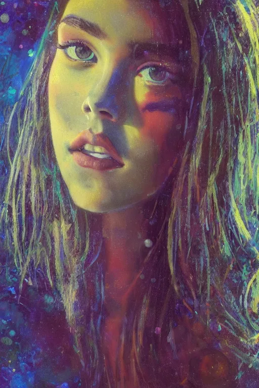 Prompt: madison beer painted by darrell k. sweet and edd cartier, trending on artstation, moon light fish eye illustrator, bokeh, magic realism, dutch golden age, expressionism