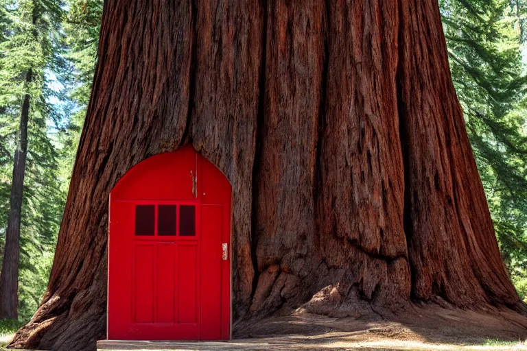 Image similar to grizzly wearing a red shirt sitting outside big sequoia tree with a red door by Roger Deakins