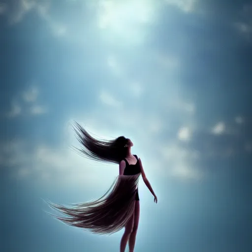 Image similar to a thin, pretty young Filipino woman with long hair floats dramatically in the air in a dreamy world in the distance, her face is in shadow, very beautiful, inspiring, hopeful, dramatic lighting, abstract digital art, trending on artstation