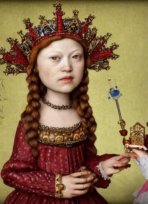 Image similar to closeup medieval jan van eyck face portrait of tin toy greta thunberg as a fairytale princess wearing a crown eating cakes in the castle, bikini, detailed and intricate environment, nicoletta ceccoli, mark ryden, lostfish, hyperrealistic, octane render
