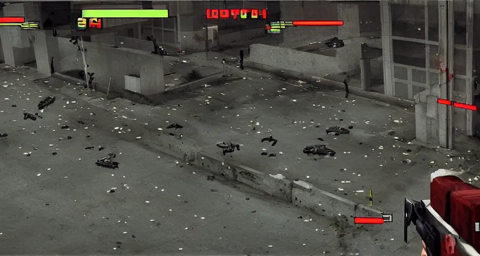 Prompt: 1988 Video Game Screenshot of Neo-tokyo Cyborg bank robbers vs police, Set inside of Parking Garage, Dark, Multiplayer set-piece Ambush, Tactical Squads :10, Police officers under heavy fire, Suppressive fire, Pinned down, Destructible Environments, Gunshots, Headshot, Bullet Holes and Anime Blood Splatter, :10 Gas Grenades, Riot Shields, MP5, AK45, MP7, P90, Chaos, Anime Machine Gun Fire, Gunplay, Shootout, :14 FLCL + Jet Grind Radio, Cel-Shaded:17, Created by Katsuhiro Otomo + Studio Gainax + Trending on Artstation: 20