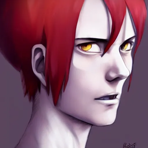 Image similar to beautiful portrait of hisoka morow, red hair, white shirt with yellow hem, realistic anime, hyper realistic, sharp, greg rutkowski, wlop,