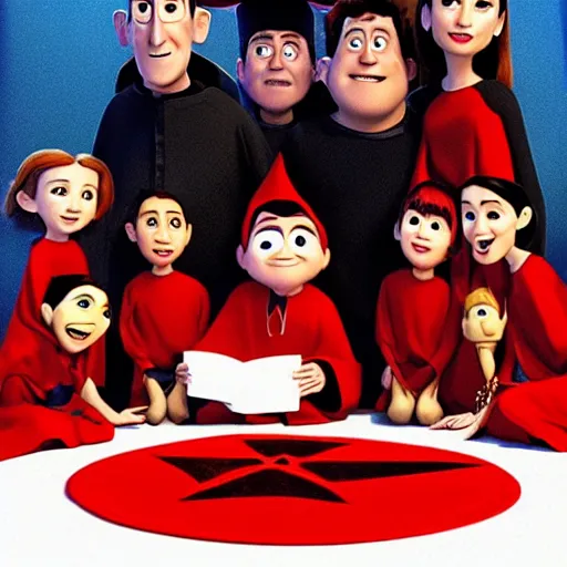 Image similar to pixar movie, a happy family in black cult robes sitting around a red pentagram on the floor performing an evil occult ritual to summon the antichrist