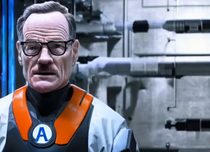 Prompt: film still of Brian Cranston as Gordan Freeman in an underground lab facility wearing a black HEV suit with an orange lambda logo in front with a glowing blue portal in the background in the Half Life Movie, 4k