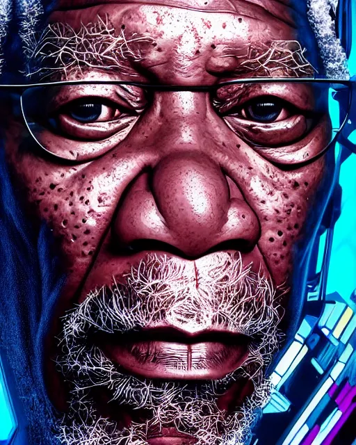 Prompt: portrait of Morgan Freeman as a cyborg. intricate abstract. intricate artwork. by Tooth Wu, wlop, beeple, dan mumford. octane render, trending on artstation, greg rutkowski very coherent symmetrical artwork. cinematic, hyper realism, high detail, octane render, 8k, iridescent accents