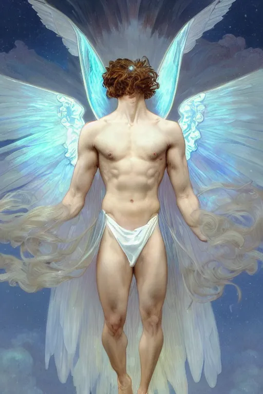 Prompt: view from below, portrait of a beautiful young fit male angel with curly blond hairs, dressed with fluent clothes, majestic symmetrical white wings, luminous halo, by greg rutkowski and alphonse mucha, gradient white to gold, in front of an iridescent background, highly detailed portrait, digital painting, artstation, concept art, smooth, sharp focus illustration