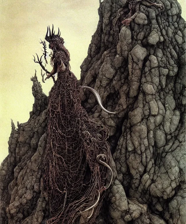 Prompt: A detailed horned snakewoman stands among the hills. Wearing a ripped mantle, robe. Perfect faces, extremely high details, realistic, fantasy art, solo, masterpiece, art by Zdzisław Beksiński, Arthur Rackham, Dariusz Zawadzki