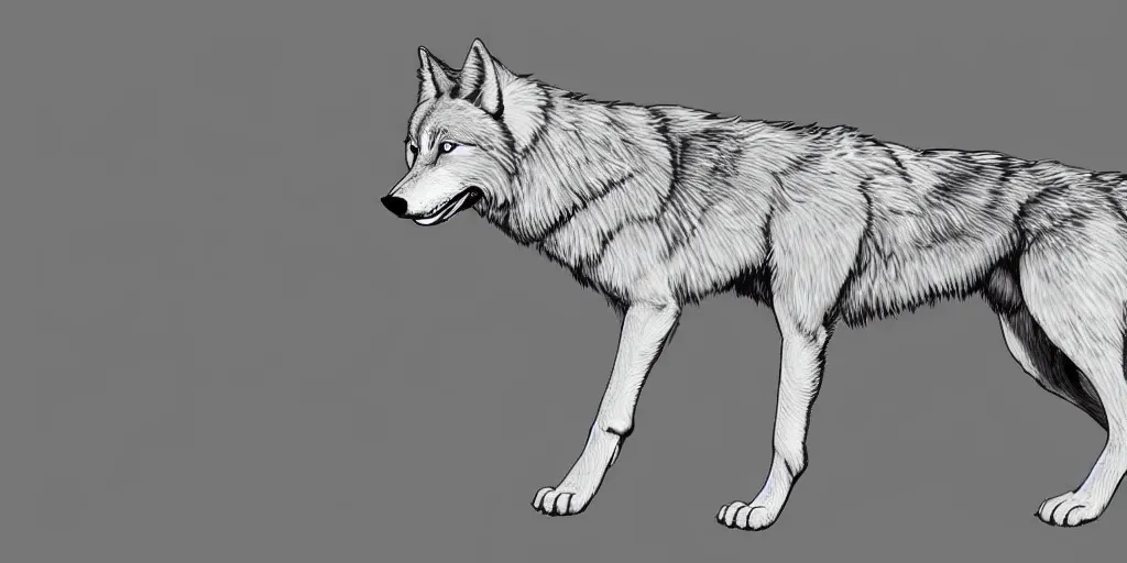 Prompt: digital art of a full-body outline of a running wolf, simple, no color, high quality, HD, 8K,