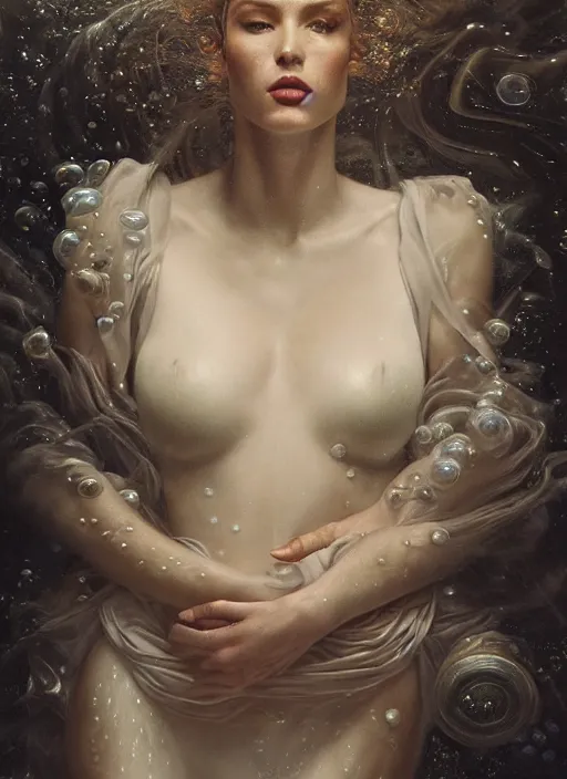 Image similar to highly detailed oil painting | very intricate | cinematic lighting | award - winning | elegant fabric, flowing underwater fashion by alexander mcqueen | by roberto ferri, by tom bagshaw, by j. c. leyendecker and klimt, american romanticism, by austin osman spare, artstation, cgsociety, official art, octane