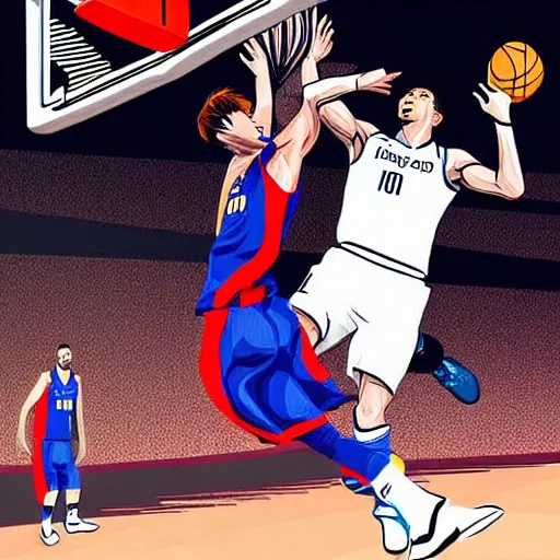 Prompt: Messi dunking on Ronaldo in the NBA, illustration,