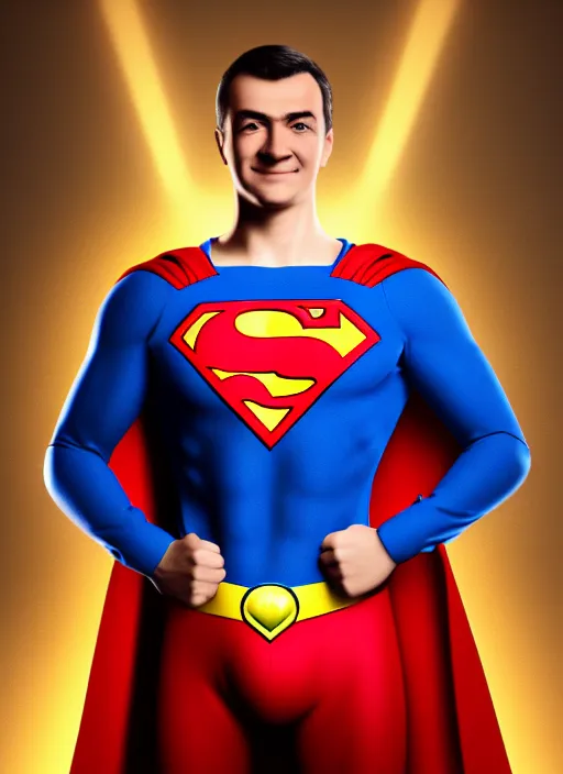 Image similar to medvedev condom, ukrainian superman, ukrainian national clothes, portrait of young man, 8 k ultra realistic, lens flare, atmosphere, glow, detailed, intricate, full of colour, led lighting, 4 k, hyperrealistic, focused, extreme details, unreal engine 5, masterpiece