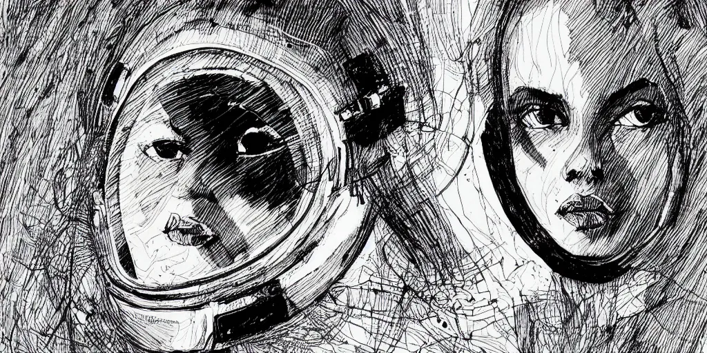 Image similar to ink lineart drawing of a beautiful young woman wearing a space helmet, dark lips, round eyes, space background, artstation, etchings by goya, chinese brush pen, illustration, high contrast, deep black tones contour