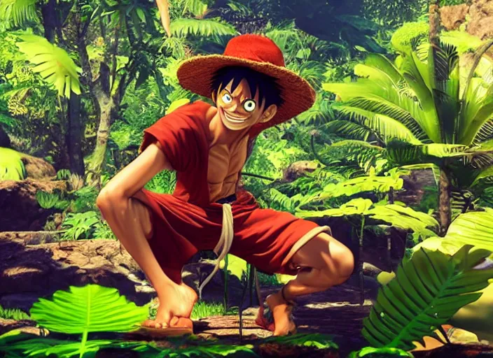 Image similar to a cg render of a colorful luffy in a noir galactic jungle, 8 k, unreal engine, detailed, hyperrealistic, octane