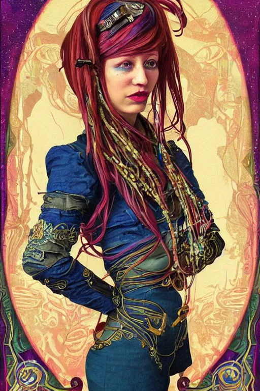 Prompt: realistic detailed beautiful portrait a space pirate by Anna and Elena Balbusso, Art Nouveau, rich deep vibrant colors