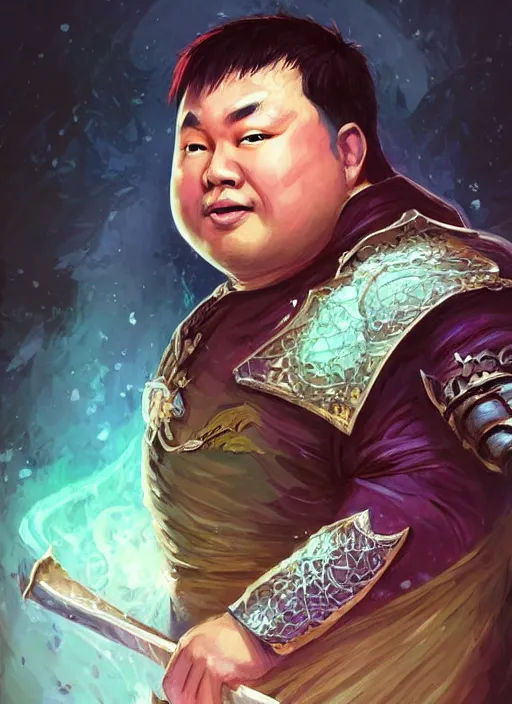 Prompt: slightly chubby asian man with medium black parted hair, dndbeyond, bright, colourful, realistic, dnd character portrait, full body, pathfinder, pinterest, art by ralph horsley, dnd, rpg, lotr game design fanart by concept art, behance hd, artstation, deviantart, hdr render in unreal engine 5