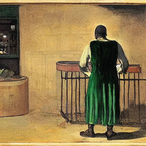 Prompt: a skeleton scanning groceries behind the cash register at Safeway while wearing a green apron, by Francisco Goya, Arnold Bocklin, chiaroscuro