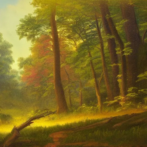Prompt: forest painting in the style of the Hudson River School