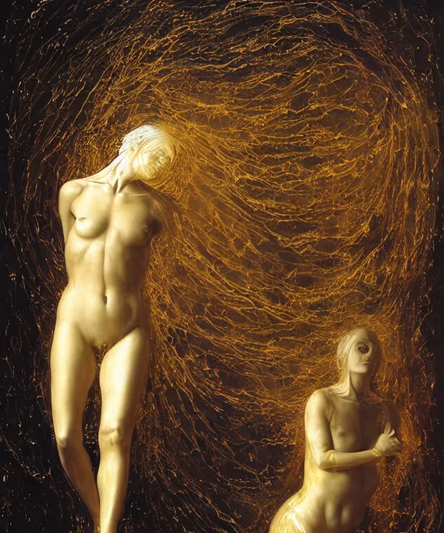 Image similar to Beautiful full-body wax sculpture of a glowing transparent woman in glowing dress with visible gold bones covered with melted white wax inside the singularity where stars becoming baroque folds of dark matter by Michelangelo da Caravaggio, Nicola Samori, William Blake, Alex Grey and Beksinski, dramatic volumetric lighting, highly detailed oil painting, 8k, masterpiece