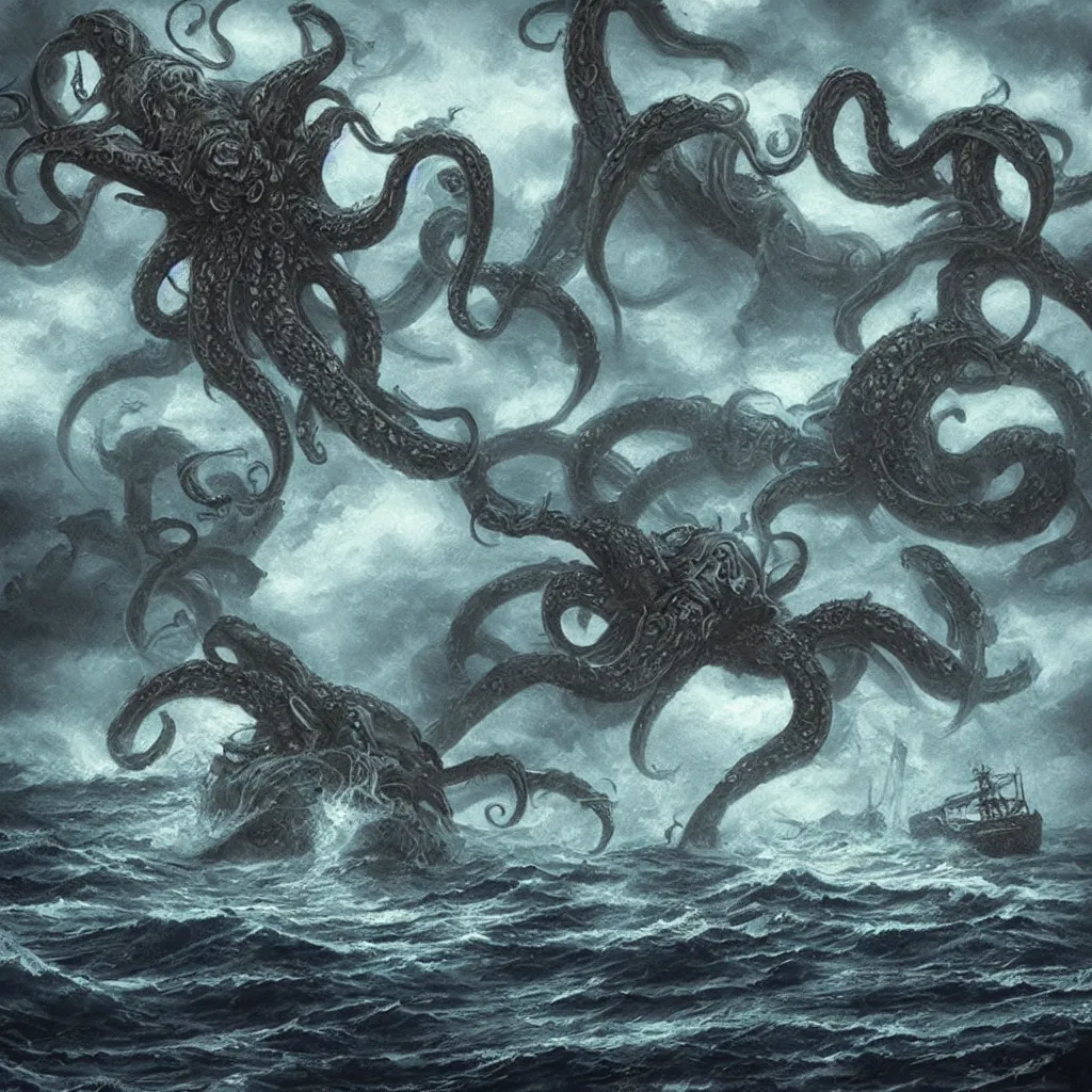 Image similar to A 600 meter high cthulhu fighting against a 500 meter Kraken on a stormy sea with boats around., photoreal