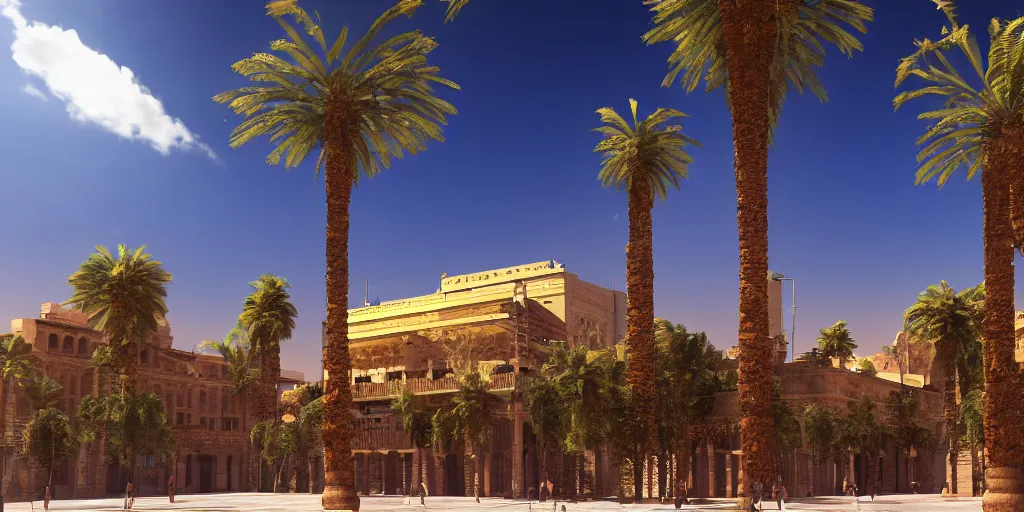 Prompt: khedival opera house, talaat Harb Square cairo, epic wide shot in unreal engine 5, beautiful clouds, dappled afternoon sunlight, acacia trees, date palm trees, shrubs, flowers, 4k, colorful, octane render, artstation