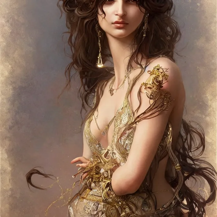 Image similar to ancient queen emily ratajkowski, diffuse lighting, fantasy, intricate, elegant, highly detailed, lifelike, photorealistic, digital painting, artstation, illustration, concept art, smooth, sharp focus, art by john collier and albert aublet and krenz cushart and artem demura and alphonse mucha