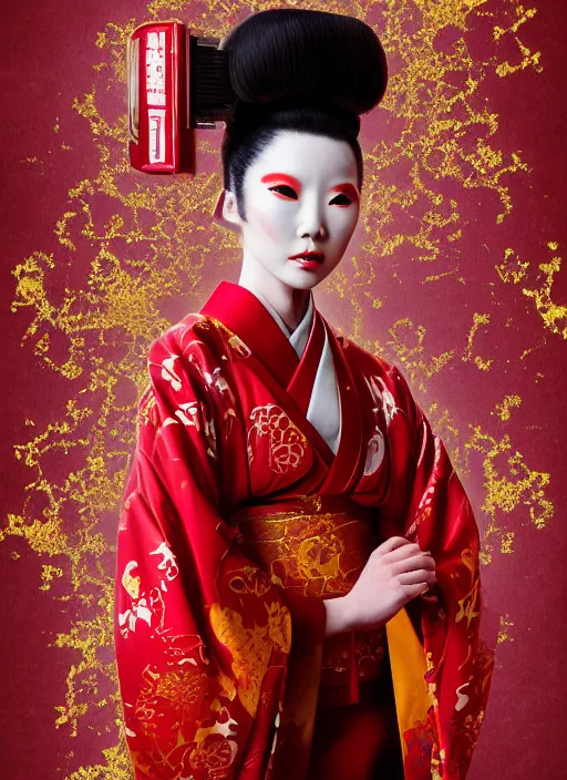 Image similar to portrait of a stylish futuristic geisha, with a red kimono with japanese golden signs written on it, kintsugi, modern fine art, fractal, intricate, elegant, highly detailed, digital photography, subsurface scattering, in the style of ghost, by jheronimus bosch and greg rutkowski,