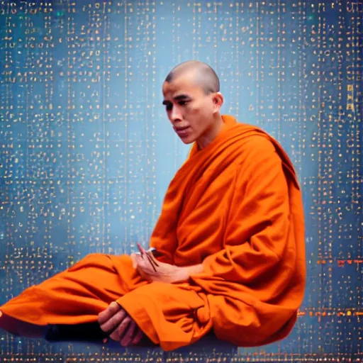 Image similar to techno monk in orange robes with wires and circuit boards coming out of his face