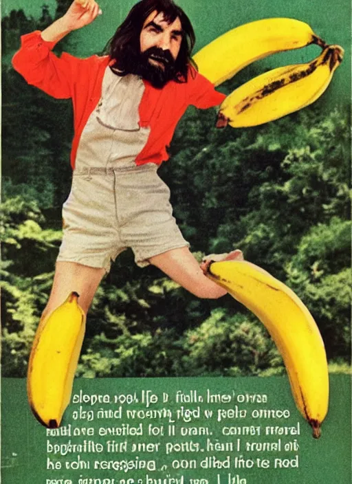 Image similar to vintage l. l bean magazine advertisement depicting charles manson slipping on a banana peel