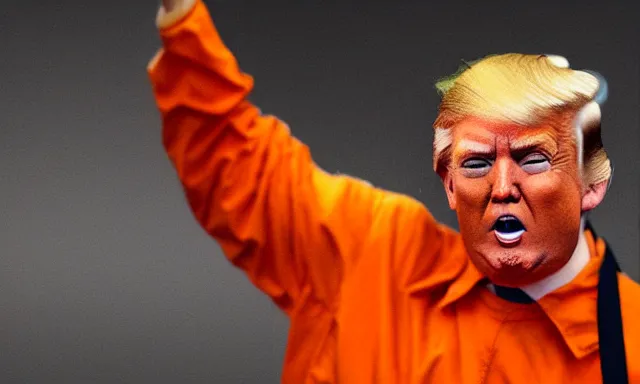 Image similar to full shot of donald trump wearing an orange jump suit, crying in a dirty jail cell in guantanamo, photograph, realistic, dramatic lighting