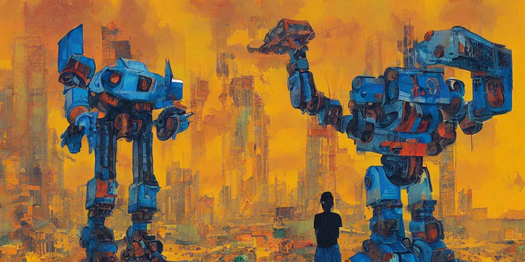 Image similar to colourful - damaged - giant mecha ROBOT of AJEGUNLE SLUMS in Lagos, markings on robot, Golden Hour, painting by Hsiao-Ron Cheng,