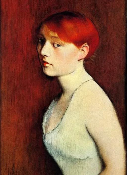 Prompt: portrait of a lovely! young woman!! 19th century haircut! red hair! looking at us! slight smile! natural light, by Edgar Degas