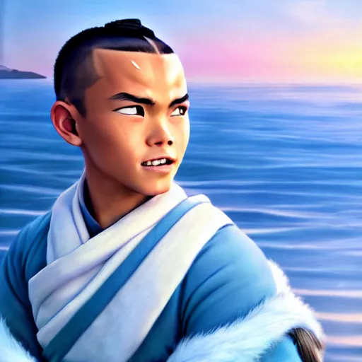 Image similar to beautiful serene intricate photograph of sokka from the water tribe as an inuit young man, dark hair, light blue eyes, smiling softly, relaxing on the beach, golden hour, soft focus, 8 k, art by irakli nadar, hyperrealism, hyperdetailed, ultra realistic