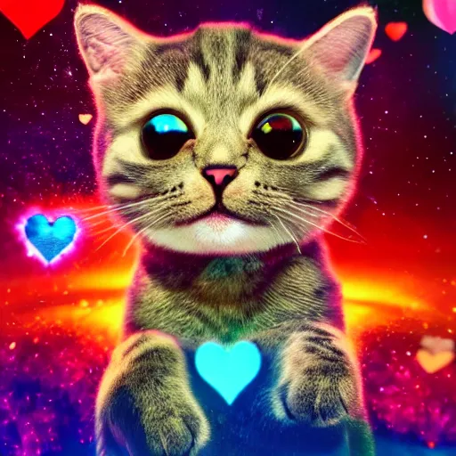 Image similar to an extremely cute cat made of hearts sending love to the quantum realm, octane render, happy colours