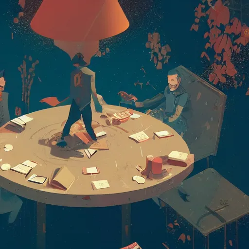 Prompt: cards on the table by victo ngai and greg rutkowski, trending on artstation, unreal engine, 4 k hd wallpaper