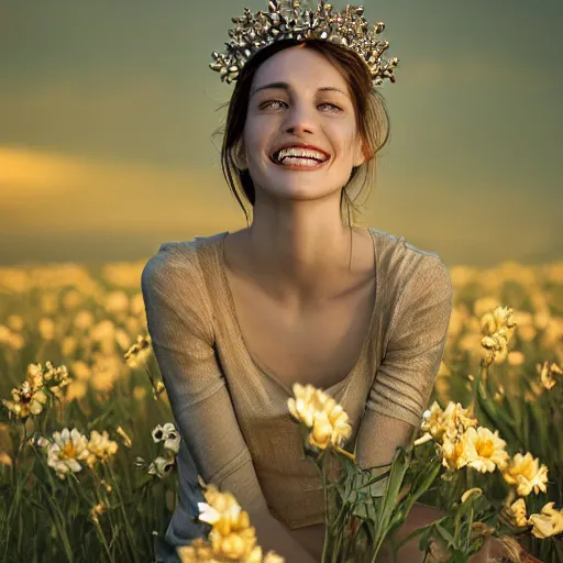 Prompt: Fine art photo of the most beautiful woman, she is posing while maintain a sweet eye contact to the camera, she has a crown of flowers, she has perfect white teeths, she is sitting on a field of lavader, she is getting ulluminated by the rays of the sunset, the photo was taking by Annie Leibovitz, Ellie Victoria Gale, Steve McCurry, matte painting, oil painting, naturalism, 4k, 8k