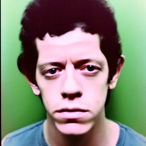 Prompt: Mugshot Portrait of Young Lou Reed, taken in the 1970s, photo taken on a 1970s polaroid camera, grainy, real life, hyperrealistic, ultra realistic, realistic, highly detailed, epic, HD quality, 8k resolution, body and headshot, film still, front facing, front view, headshot and bodyshot, detailed face, very detailed face