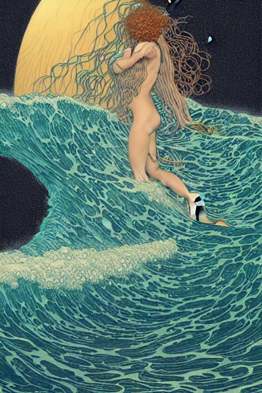 Image similar to a sea witch summoning a giant wave by dan mumford and gustav klimt and john harris and jean delville and victo ngai, highly detailed, photorealism, hyperrealistic, art deco, art nouveau