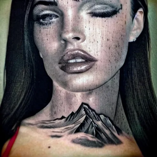 Image similar to megan fox as beautiful mountains, double exposure effect, medium sized tattoo sketch, amazing detail, trending on pinterest, in the style of tim tadder