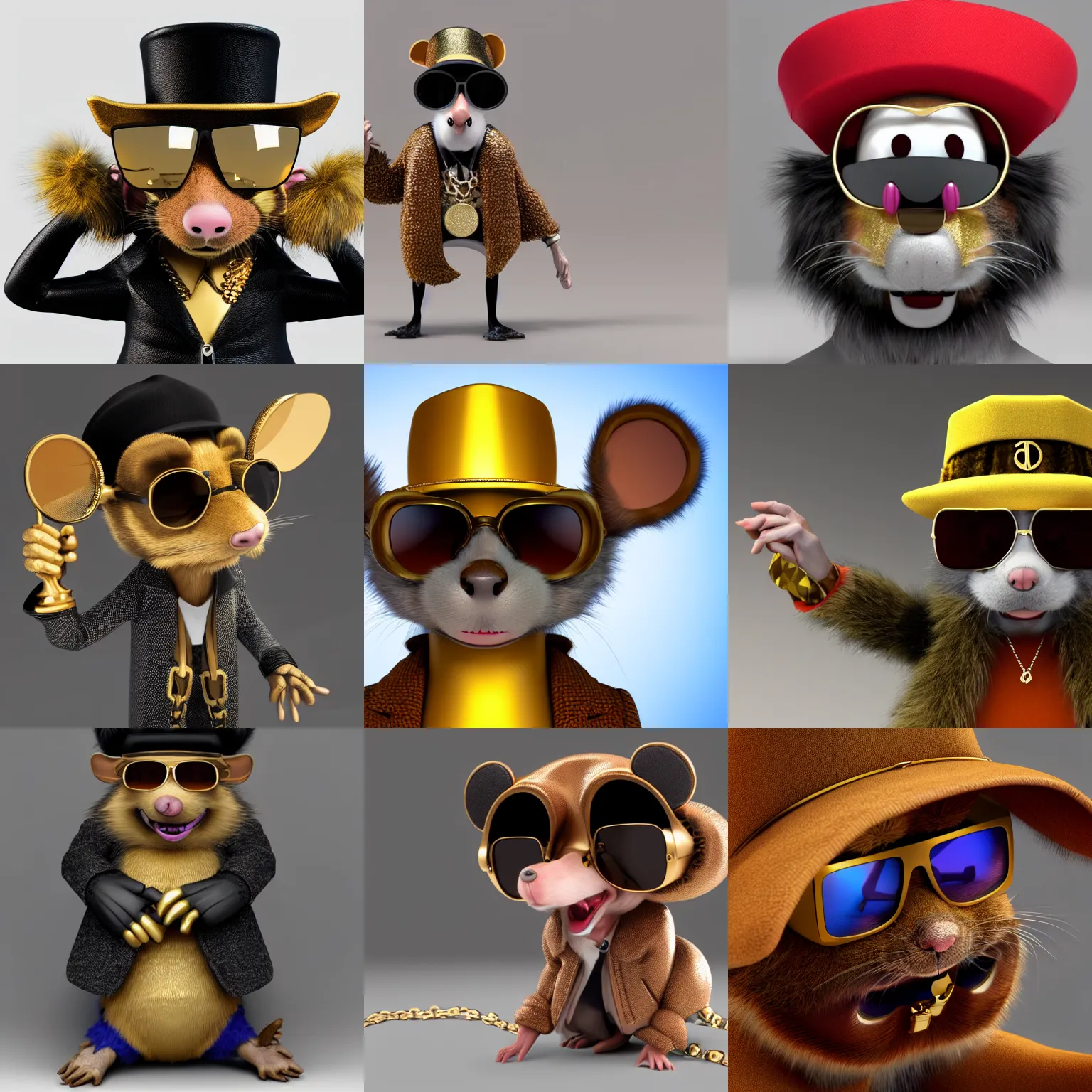 Prompt: anthropomorphic gangster rat wearing a fur coat, wearing sunglasses and a hat, wearing a gold chain long fur, detailed, 3d render, 4k, pixar