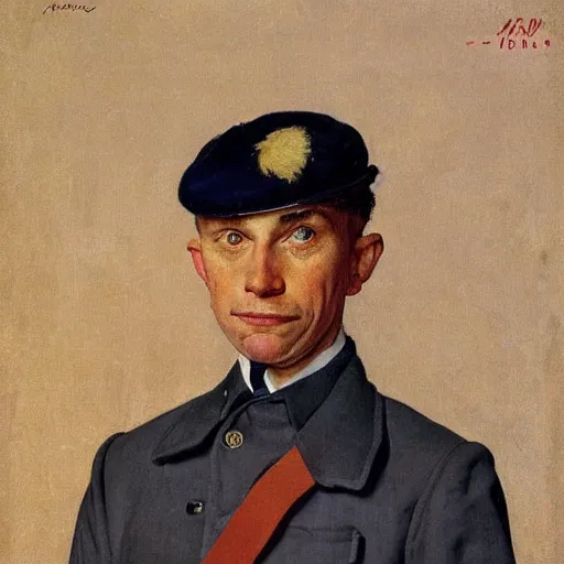Prompt: Frontal portrait of a Frenchman wearing his mandatory national uniform for daily life. Painting by Norman Rockwell.