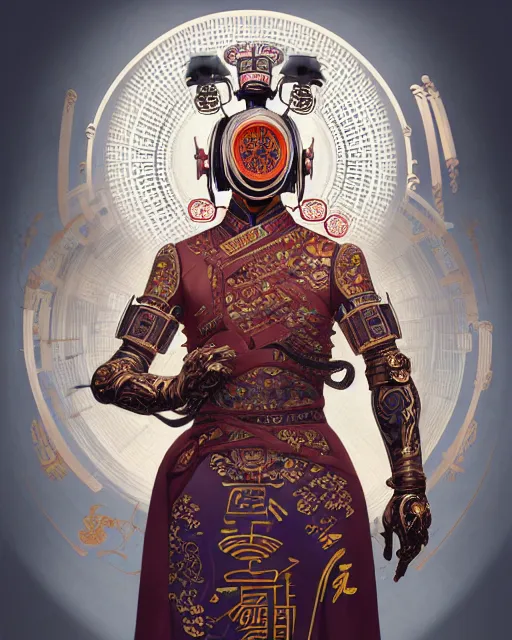 Image similar to portrait of a chinese masculine male cyberpunk machine, machine face, upper half portrait, decorated with chinese opera motifs, muscular, asian, fine china, wuxia, traditional chinese art intricate intense elegant 京 剧 highly detailed symmetry headpiece digital painting artstation concept art smooth sharp focus illustration, art by artgerm and greg rutkowski alphonse mucha 8 k