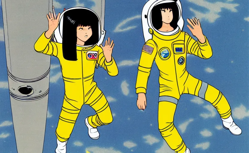 Prompt: yoko tsuno a female astronaut in slim yellow spacesuit floating in a scenic space environment next to spaceship