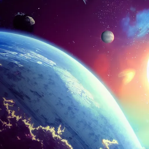 Image similar to anime style hd wallpaper of outer space with a view of a planet below