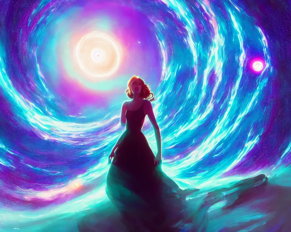 Image similar to a beautiful whimsical woman standing under a multi-colored binary blackhole with an accretion disc, casting magic, glowing trails following her arms, acidwave, hall of mirrors, interstellar galaxy, by Lois van Baarle, by Greg Rutkowski, by artgerm, by beeple, by studio ghibli, cinematic angle, volumetric lighting, 4k resolution, octane render, trending on artstation, masterpiece