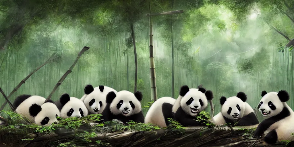 Prompt: a group of pandas doing research and scientific experiments on a spaceship crash site in a bamboo forest at daytime, matte painting, trending on artstation