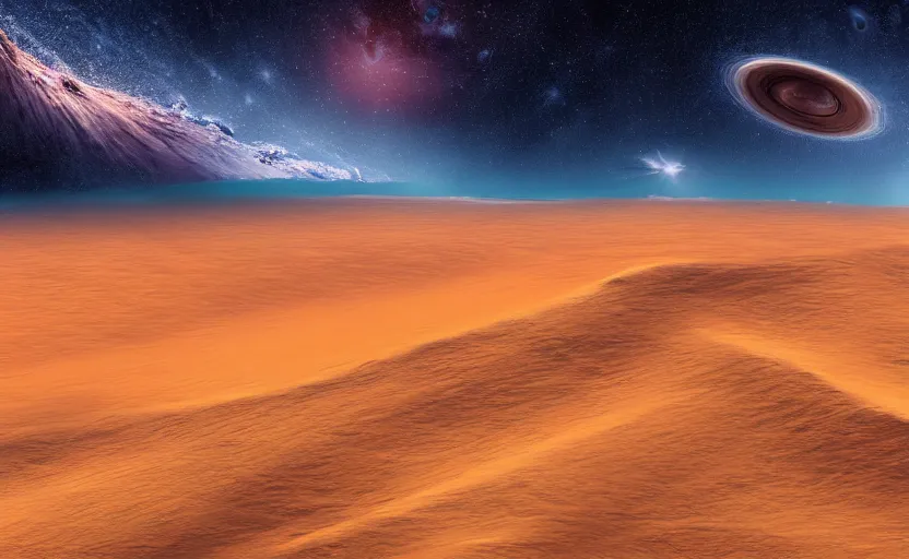 Prompt: an abstract illustration of a desert flowing through deep space, nasa high quality photography, award winning cinematography, surreal desert landscape and galaxies, 4k render