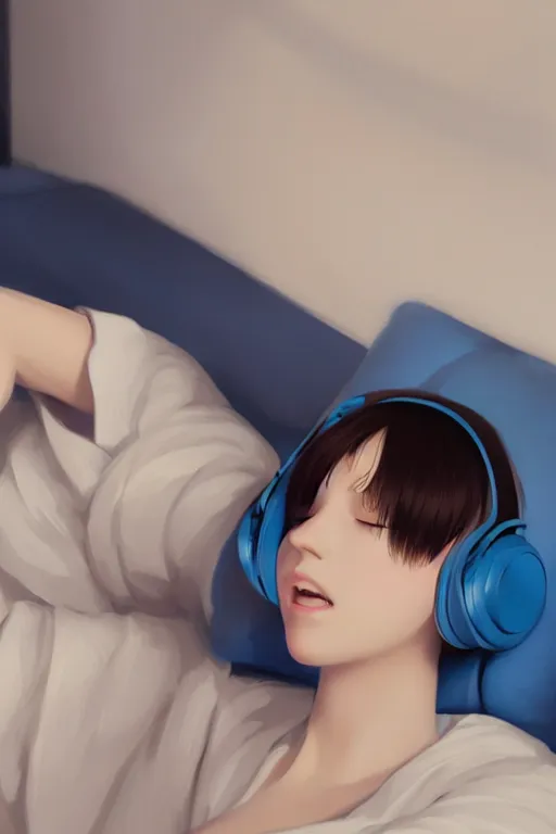 Image similar to a cute young woman lying on a couch while listening to music with her eyes closed and wearing headphones by Ilya Kuvshinov and Range Murata, white bob cut hair, blue filter, blue and white, soft lighting, atmospheric, cinematic, moody, digital painting, 8k