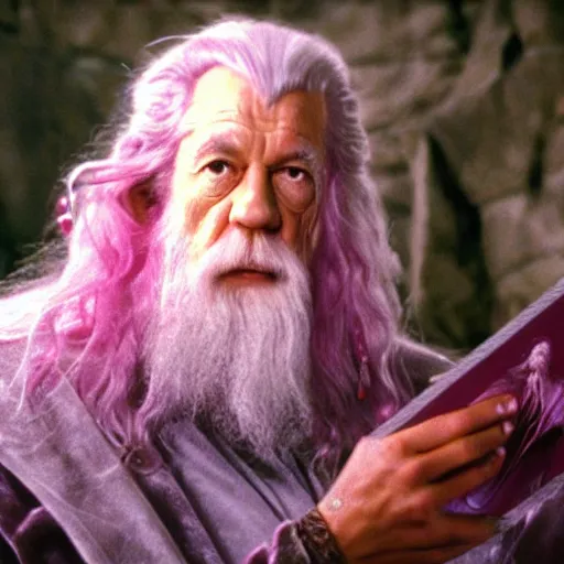 Image similar to portrait of gandalf, wearing a large pink velvet hair bow, holding a blank playing card up to the camera, movie still from the lord of the rings