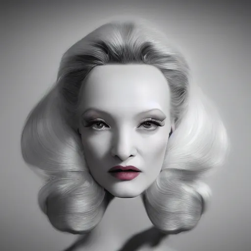 Prompt: A young beautiful female angelic-extraterrestrial-cyborg face looking like Marlene Dietrich with a very long neck, big clear eyes, thin nose, big lips, hair floating in the wind, Realistic, Refined, Digital Art, Pre-Raphaelite, Highly Detailed, Cinematic Lighting, rim light, black and white, high contrast, hyper real, photo-realistic Unreal Engine, 8K