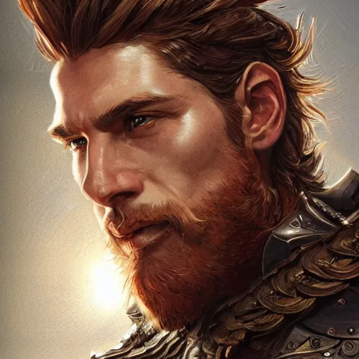 Image similar to portrait of a ruggedly handsome paladin, soft hair, muscular, half body, leather, hairy, d & d, fantasy, intricate armor, elegant, highly detailed, digital painting, artstation, concept art, smooth, sharp focus, illustration, art by artgerm and greg rutkowski and alphonse mucha